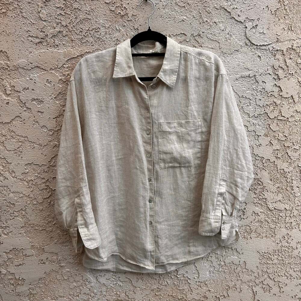 Oysho 100% Linen Button Front Oversized Shirt Beige Size M